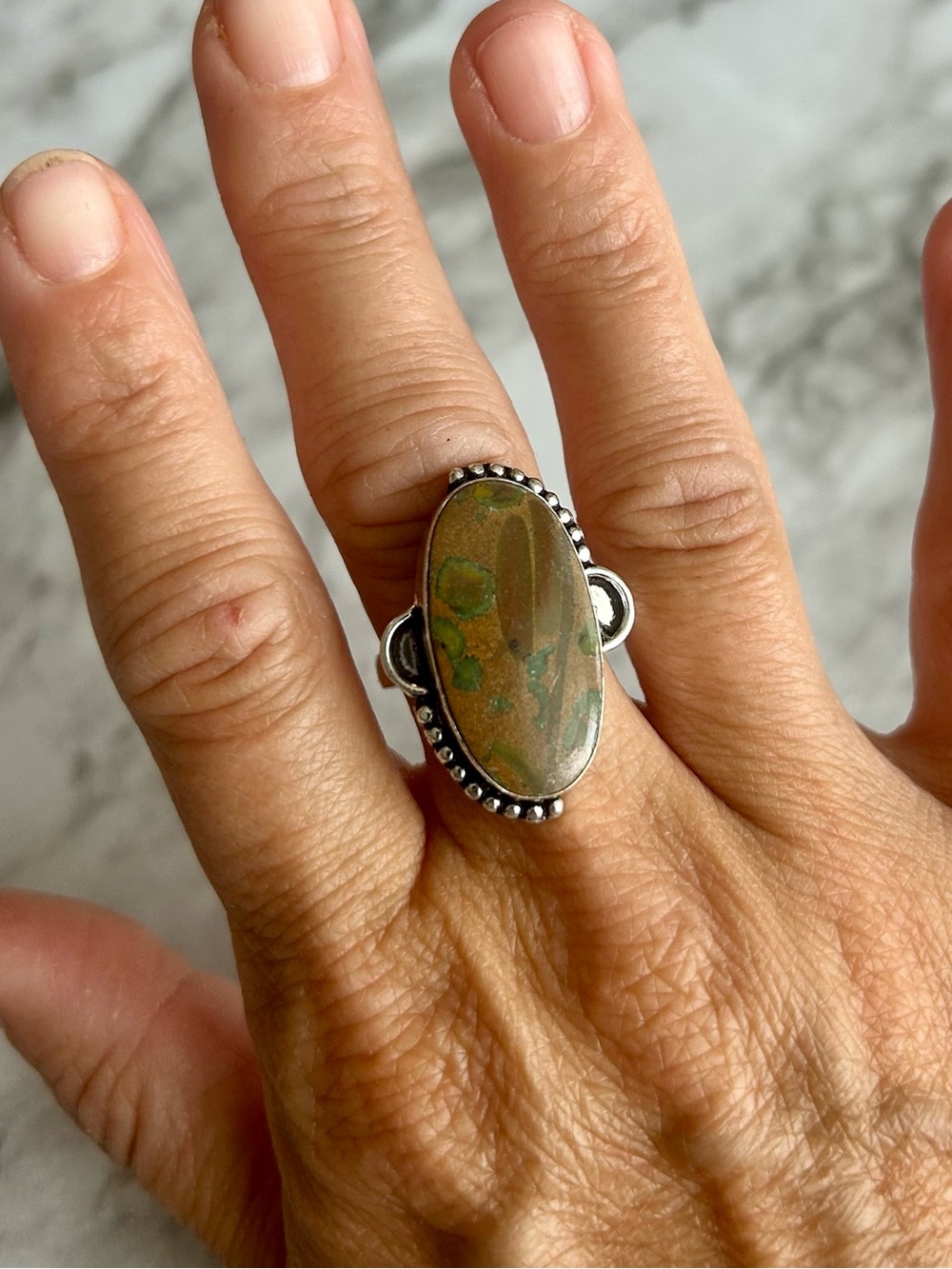 Handmade Sterling Silver with unknown stone possibly Royston Turquoise size 8